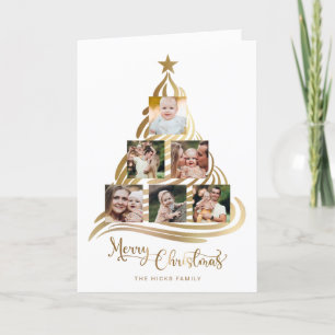 Modern Faux Julgran-familjens Guld-multifoto Helgkort