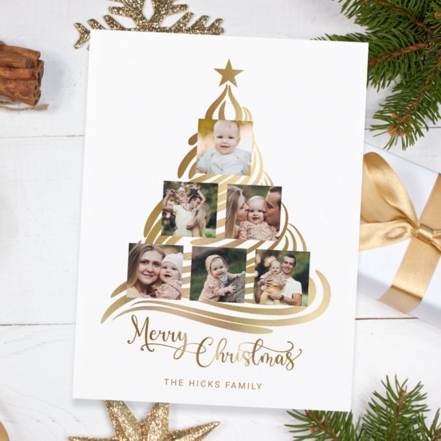 Modern Faux Julgran-familjens Guld-multifoto Julkort (Skapare uppladdad)