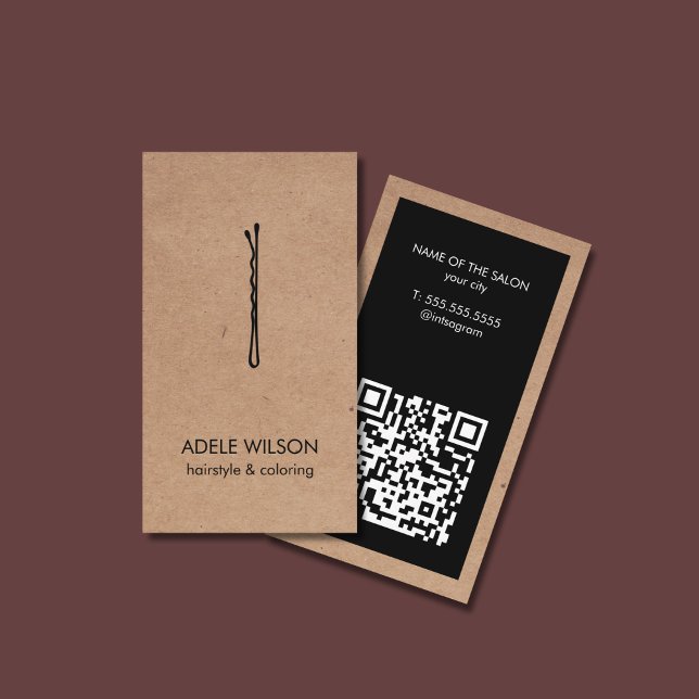 Modern Faux Kraft Black QR Code Hair Pin Salon Visitkort (Skapare uppladdad)
