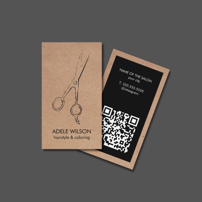 Modern Faux Kraft Black QR Code Sissors Salon Visitkort (Skapare uppladdad)