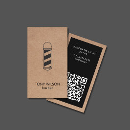 Modern Faux Kraft Black QR-kod Barber Pole Salon Visitkort