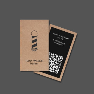 Modern Faux Kraft Black QR-kod Barber Pole Salon Visitkort