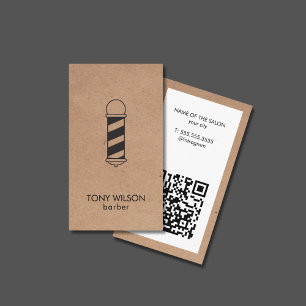 Modern Faux Kraft White QR Code Barber Pole Salon Visitkort