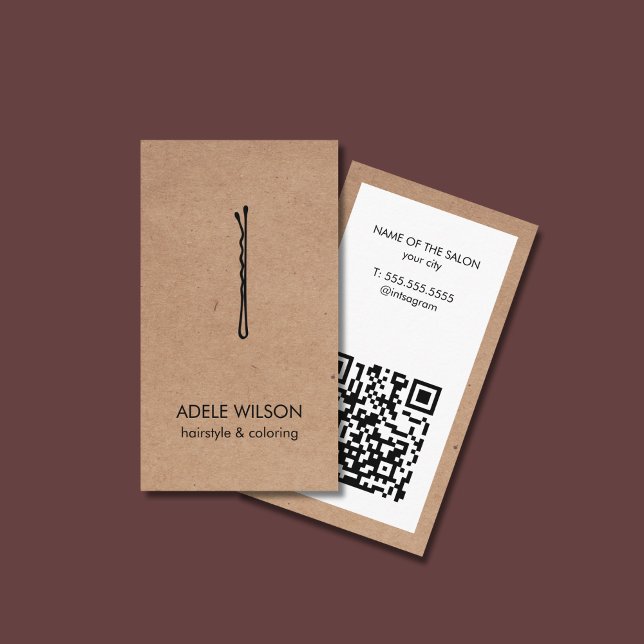 Modern Faux Kraft White QR Code Hair Pin Salon Visitkort (Skapare uppladdad)