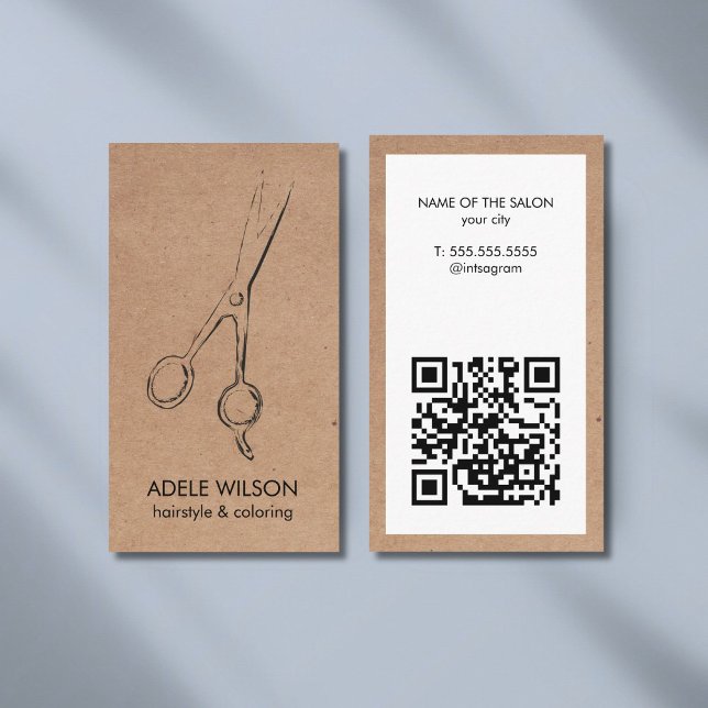 Modern Faux Kraft White QR Code Sissors Salon Visitkort (Skapare uppladdad)
