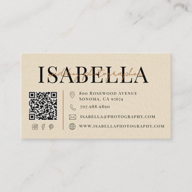 Modern Faux Linen Bröllopsfotograf QR-kod Visitkort (Framsida)