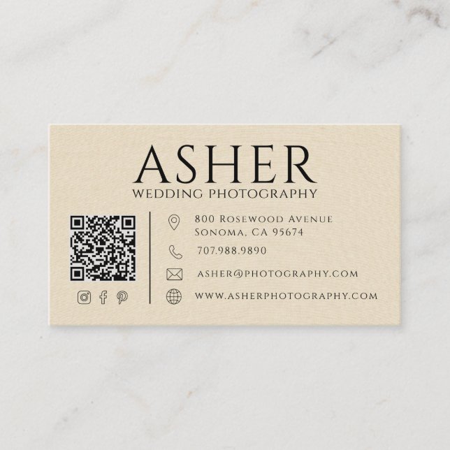 Modern Faux Linen Bröllopsfotograf QR-kod Visitkort (Framsida)