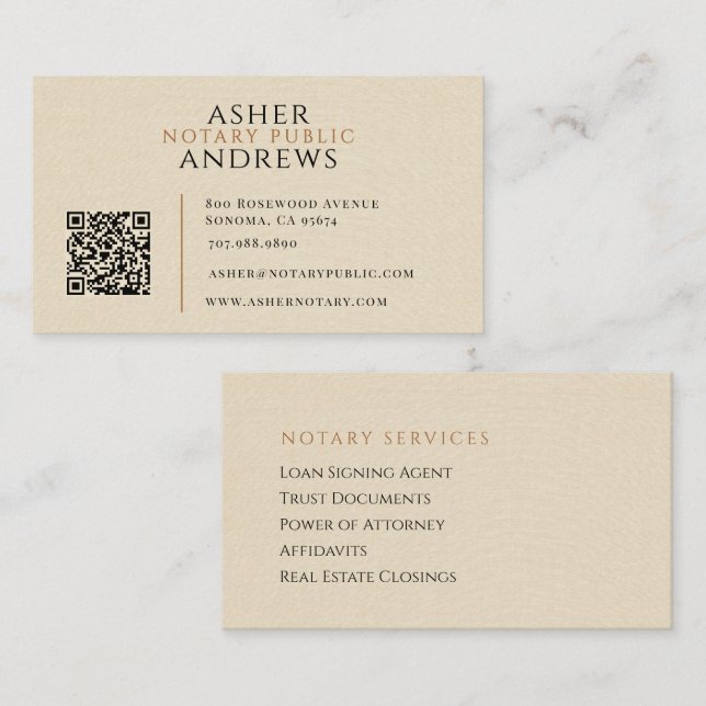 Modern Faux Linen Notarius Publicus QR-kod Visitkort (Fram/baksida)
