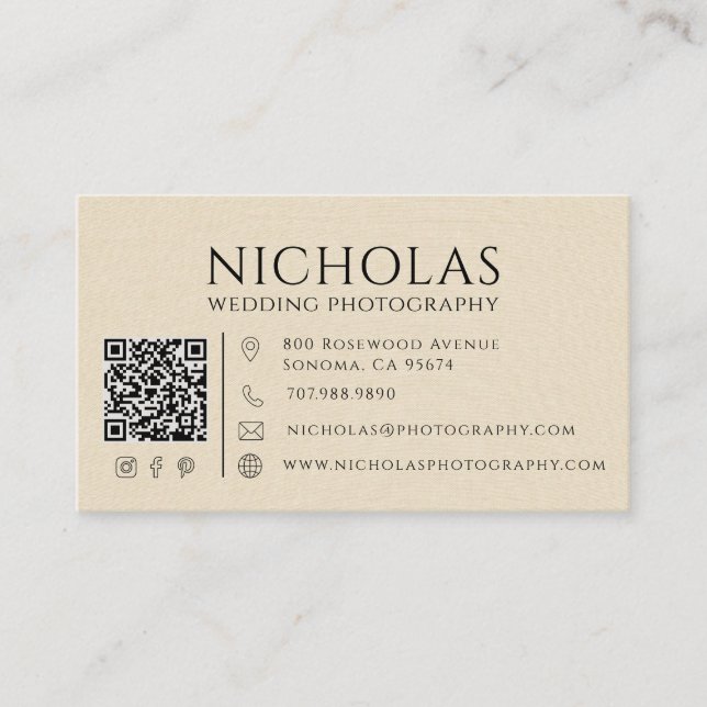 Modern Faux Linneväv Bröllopsfotograf QR-kod Visitkort (Framsida)