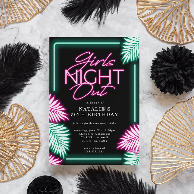Modern Faux Neon Flickas Natt Ut Födelsedagsfirand Inbjudningar (Modern Faux Neon Girls Night Out Birthday Invitation)