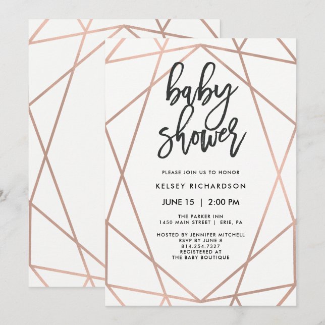 Modern Faux Ro Guld Geometric | Babyskor Inbjudningar (Fram/baksida)