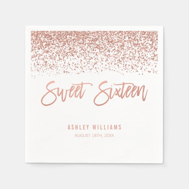 Modern Faux Ro Guld Glitter Sweet 16 födelsedag Pappersservett (Framsidan)