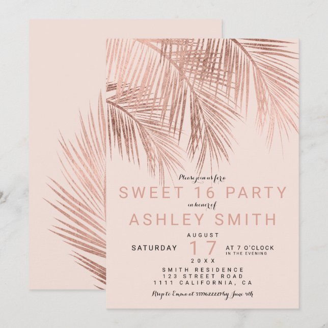 Modern faux ro guld handflatan träd  Sweet 16 Inbjudningar (Fram/baksida)