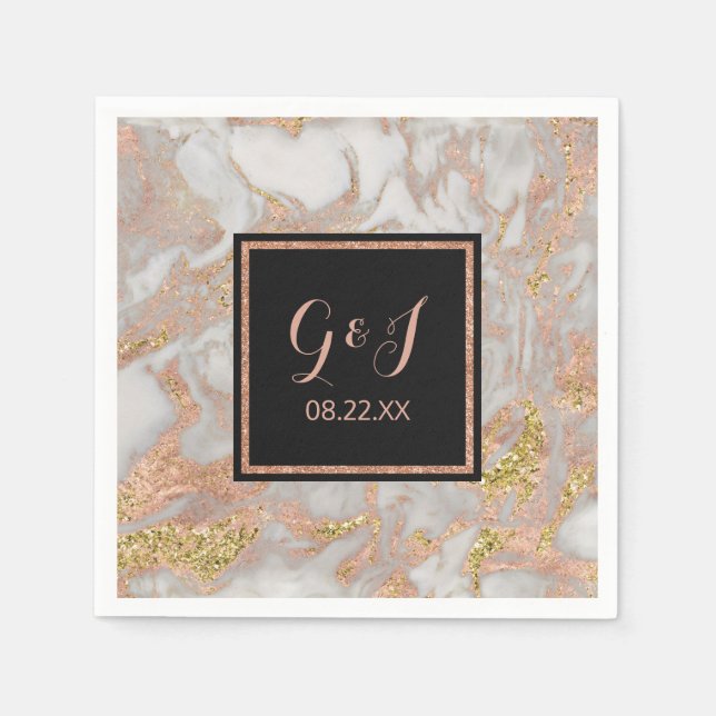 Modern Faux Ro Guld Marble Monogram Bröllop Pappersservett (Framsidan)