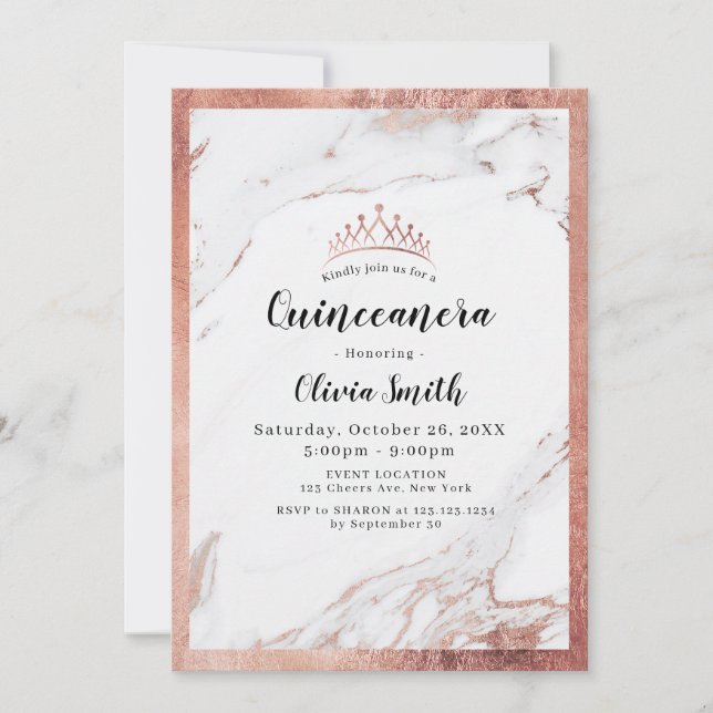 Modern faux ro guld marble Quinceanera Inbjudningar (Framsida)