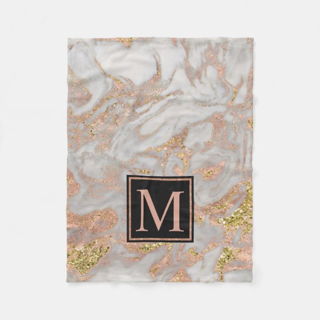 Modern Faux Ro Guld Marble Swirl Monogram Fleecefilt (Framsidan)