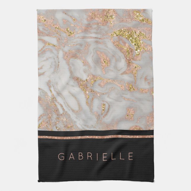 Modern Faux Ro Guld Marble Swirl Monogram Kökshandduk (Vertikal)