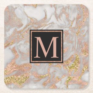 Modern Faux Ro Guld Marble Swirl Monogram Underlägg Papper Kvadrat