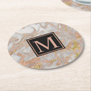 Modern Faux Ro Guld Marble Swirl Monogram Underlägg Papper Rund