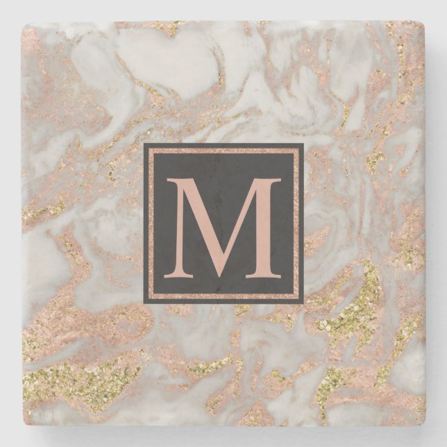 Modern Faux Ro Guld Marble Swirl Monogram Underlägg Sten (Framsidan)