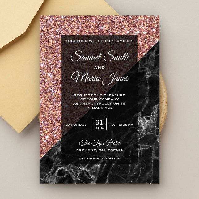 Modern Faux Rosa Guld Glitter Svart Marmor Bröllop Inbjudningar (Skapare uppladdad)