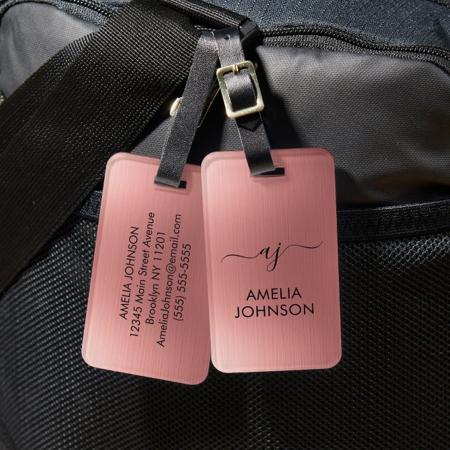Modern Faux Rose Gold Script Monogram Personalized Bagagebricka (Skapare uppladdad)