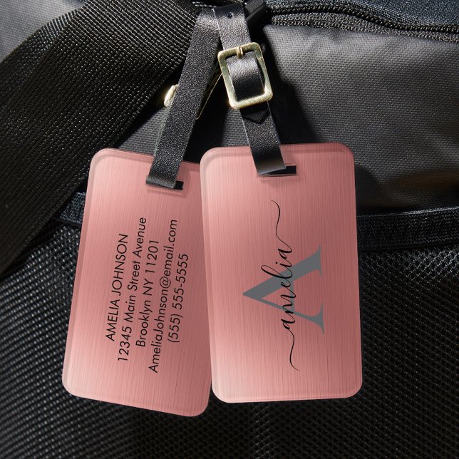 Modern Faux Rose Gold Script Monogram Personalized Bagagebricka (Skapare uppladdad)