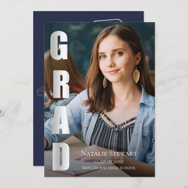Modern Faux Silver Foil GRAD Photo Studenten Inbjudningar (Fram/baksida)