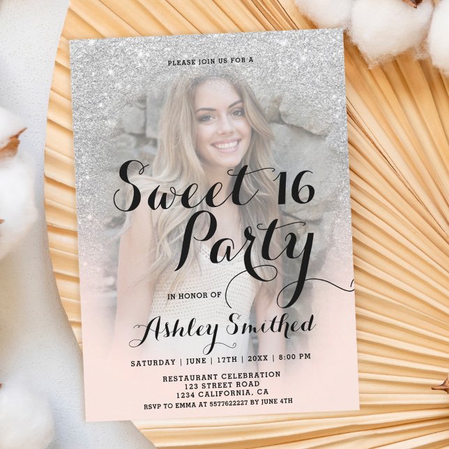 Modern faux silver glitter  foto Sweet 16 Inbjudningar (Skapare uppladdad)