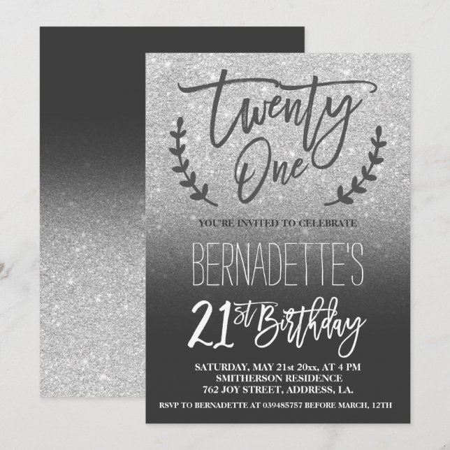 Modern faux silver glitter-manus 21:a födelsedag inbjudningar (Fram/baksida)