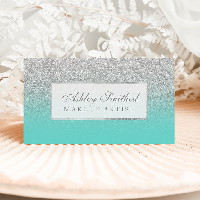 Modern faux silver glitter teal ombre makeup visitkort (Skapare uppladdad)