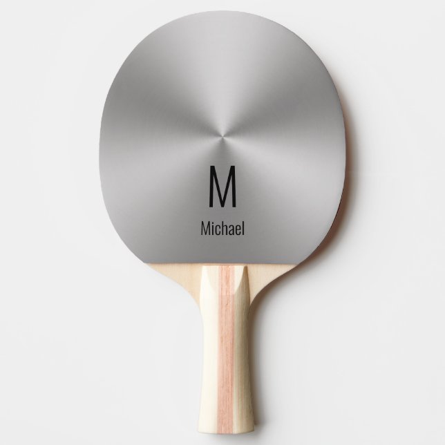 Modern Faux Silver Namn & Monogram Pingisracket (Framsidan)