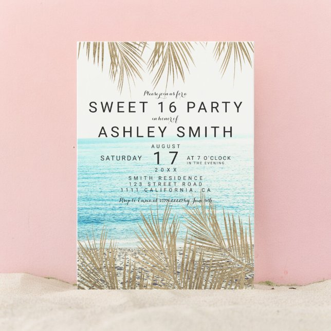 Modern faux strand guld handflatan träd, sötare 16 inbjudningar (Modern faux gold palm tree beach photo Sweet 16 Invitation)