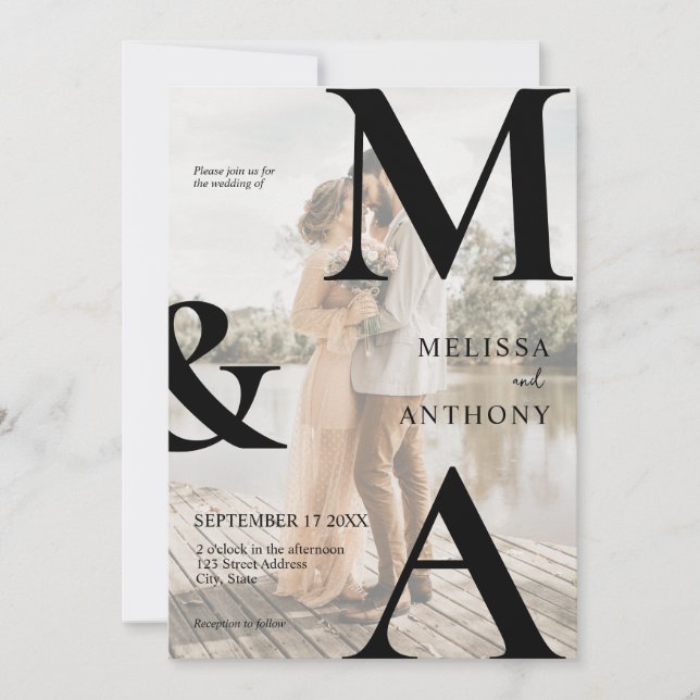 Modern Faux Vellum Monogram Photo Bröllop Inbjudningar (Framsida)