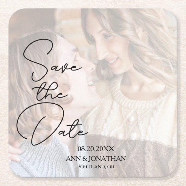 Modern Faux Vellum Photo Bröllop spara datum Underlägg Papper Kvadrat (Framsidan)