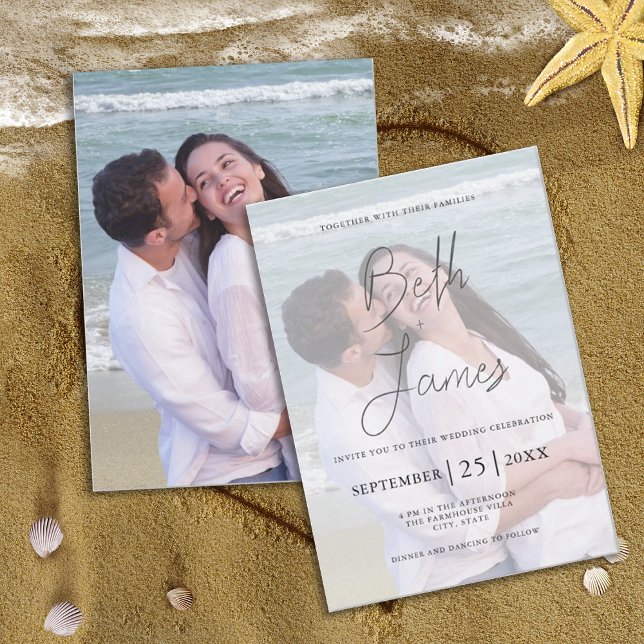 Modern Faux Vellum Photo Tropical Beach Wedding Inbjudningar (Skapare uppladdad)