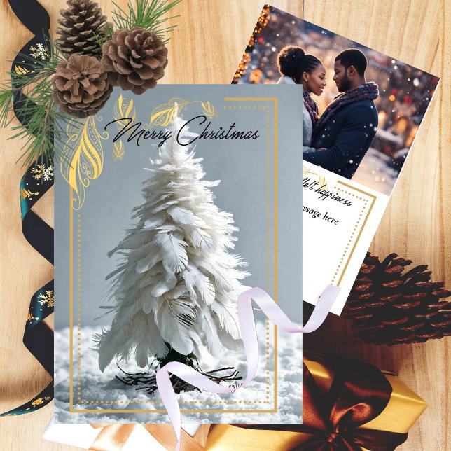 Modern Feather Julgran | Foto Julkort (Miniature Art Feather Tree Trimmed in Gold Feather Frame - Elegant Christmas Card)