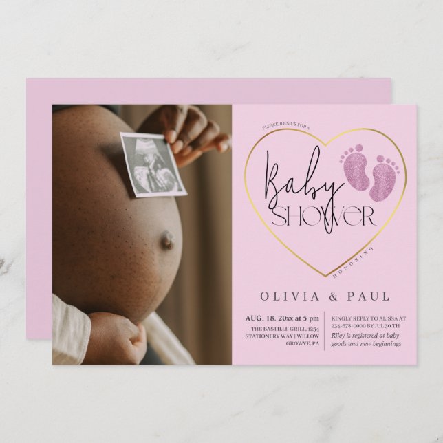 Modern Feet Rosa Glitter Flicka Shower Inbjudningar (Fram/baksida)