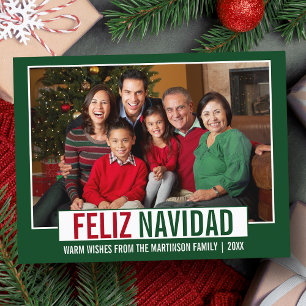 Modern Feliz Navidad Family Photo Grönt Vykort