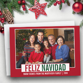 Modern Feliz Navidad Family Photo Red Julkort