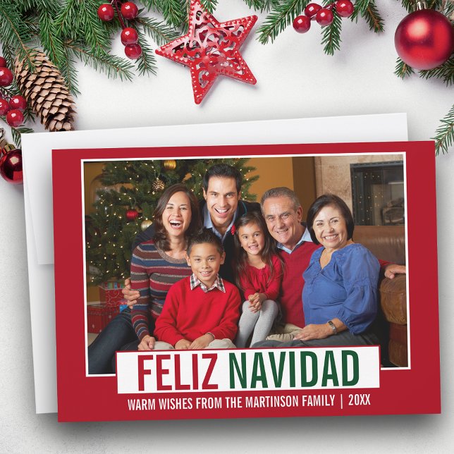 Modern Feliz Navidad Family Photo Red Julkort (Customize to add text to back of card.)