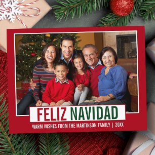 Modern Feliz Navidad Family Photo Red Vykort