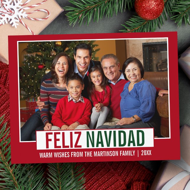 Modern Feliz Navidad Family Photo Red Vykort (Customize to change your personalized text size or text style.)