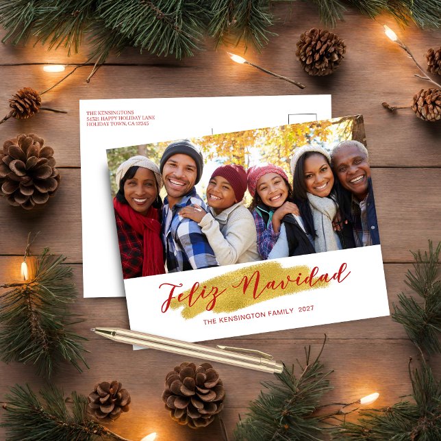 Modern Feliz Navidad Gold Foil Swash Helgdag Photo Helg Vykort (Modern Feliz Navidad Gold Foil Swash Holiday Photo Postcard)
