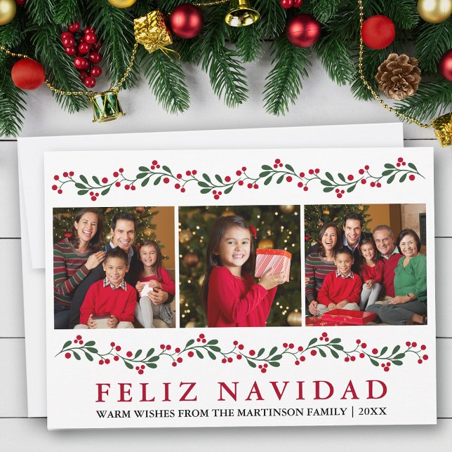 Modern Feliz Navidad Greenery Berries 3 Photo Julkort (Customize to change text size, text style or text color.)