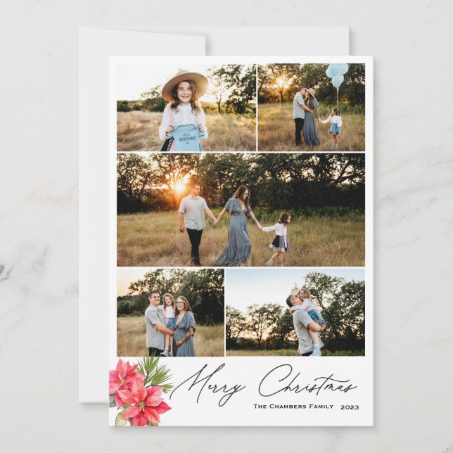 Modern fem foto God jul Poinsettia Julkort (Framsida)