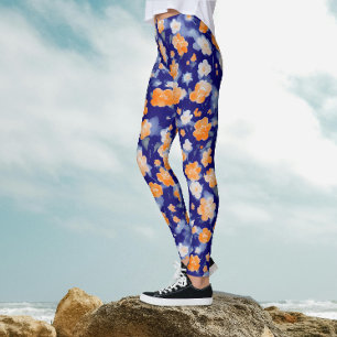 Modern feminin blå och orange blomster vattenfärg leggings