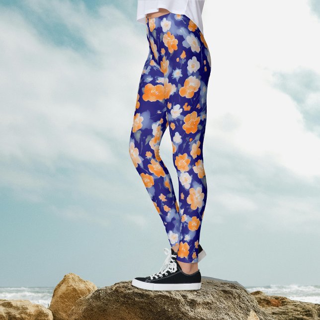 Modern feminin blå och orange blomster vattenfärg leggings (Skapare uppladdad)