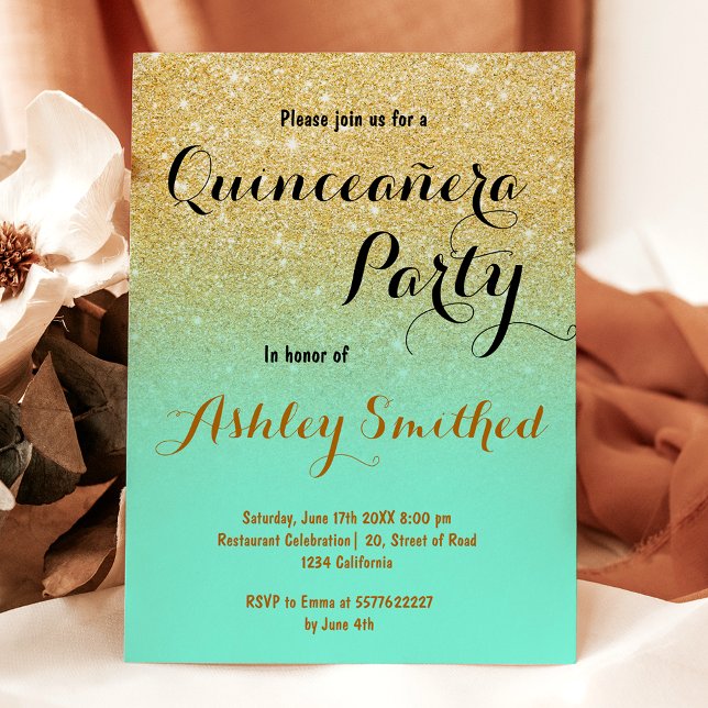 Modern feminin guld glitter mintgrön Quinceañera Inbjudningar (Modern girly gold glitter mint green Quinceañera Invitation)