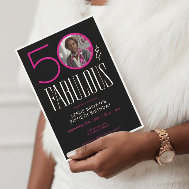 Modern Femtio Fantastisk Rosa Vit Foto Födelsedag Inbjudningar (Skapare uppladdad)